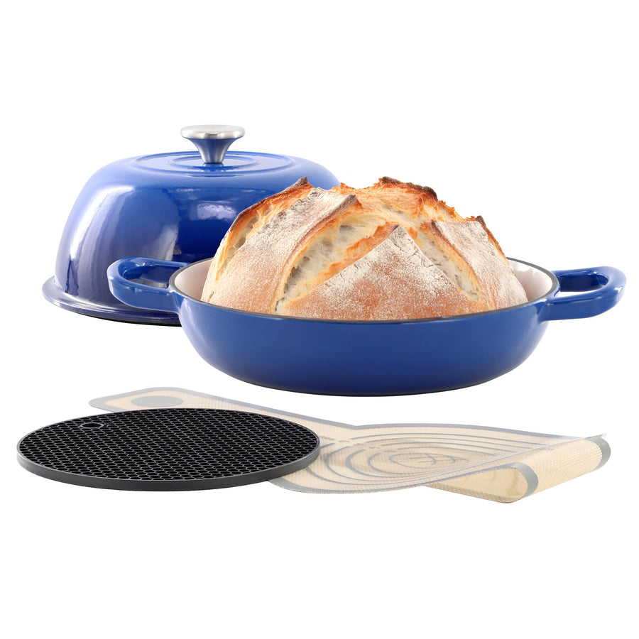 MegaChef 6 qt blue enameled cast iron bread pot with sourdough loaf and silicone baking mat