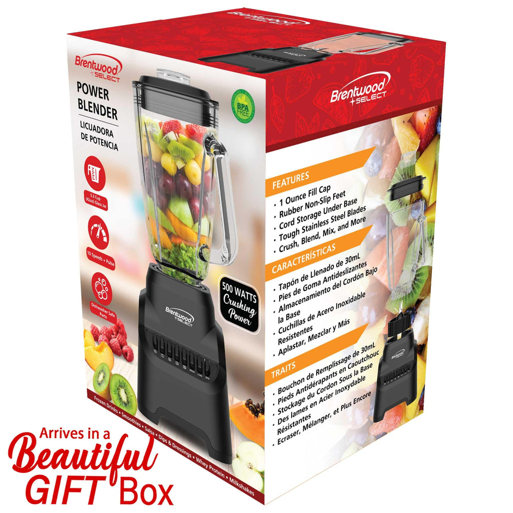Brentwood Select JBS-500BK 500W 10-Speed Countertop Blender with 42oz Glass Jar, Black - Pulse Button, Dishwasher-Safe Parts