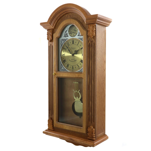 Bedford Clock Collection Honey Oak 29" Chiming Pendulum Wall Clock – Quartz Westminster Chimes, Golden Oak Finish with Roman Numeral Metal Dial