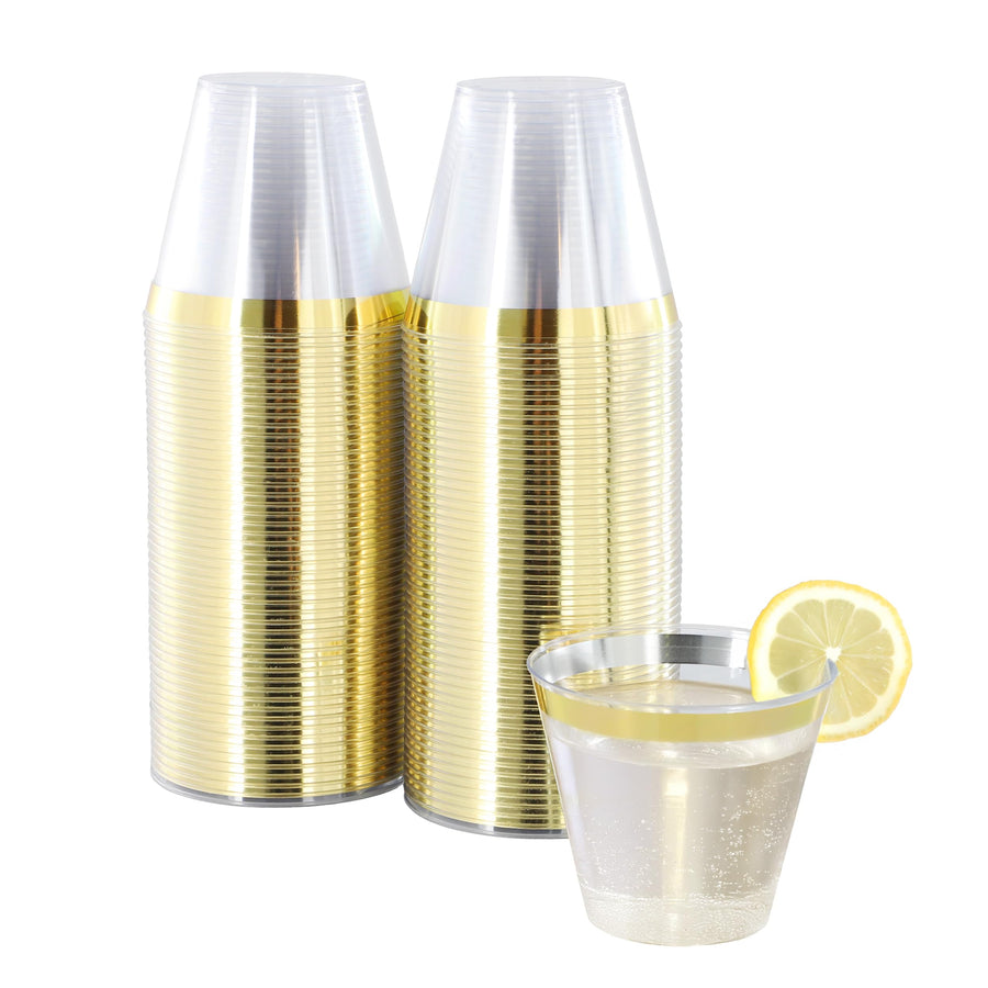 Elama ELP-100-G 100-Piece 9 oz Disposable Plastic Party Cups, Clear with Gold Rim, BPA-Free, 3 x 3 x 4 in