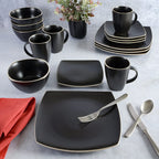Gibson Home Soho Lounge 16-Piece Square Stoneware Dinnerware Set – Matte Black, Service for 4 (Microwave & Dishwasher Safe)