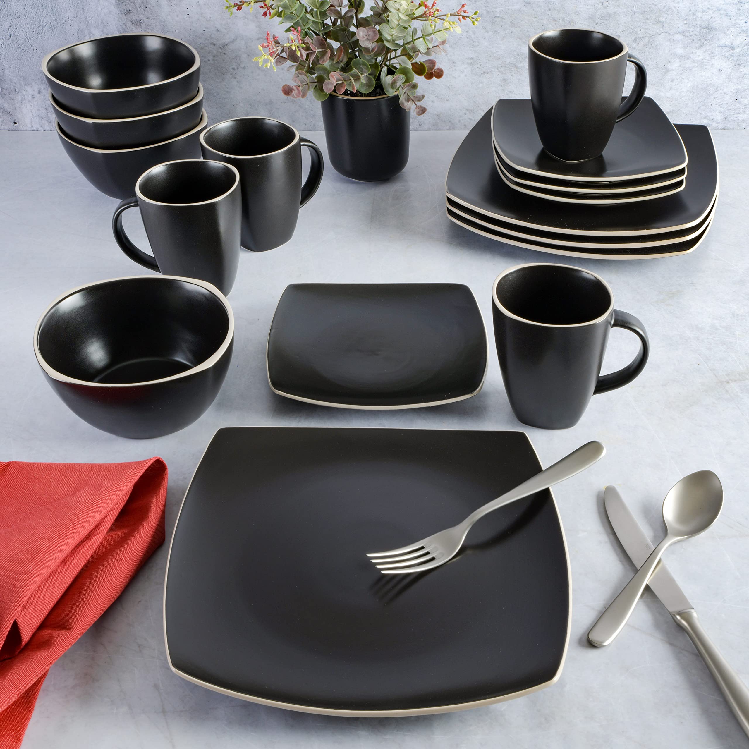 Gibson Home Soho Lounge 16-Piece Square Stoneware Dinnerware Set – Matte Black, Service for 4 (Microwave & Dishwasher Safe)