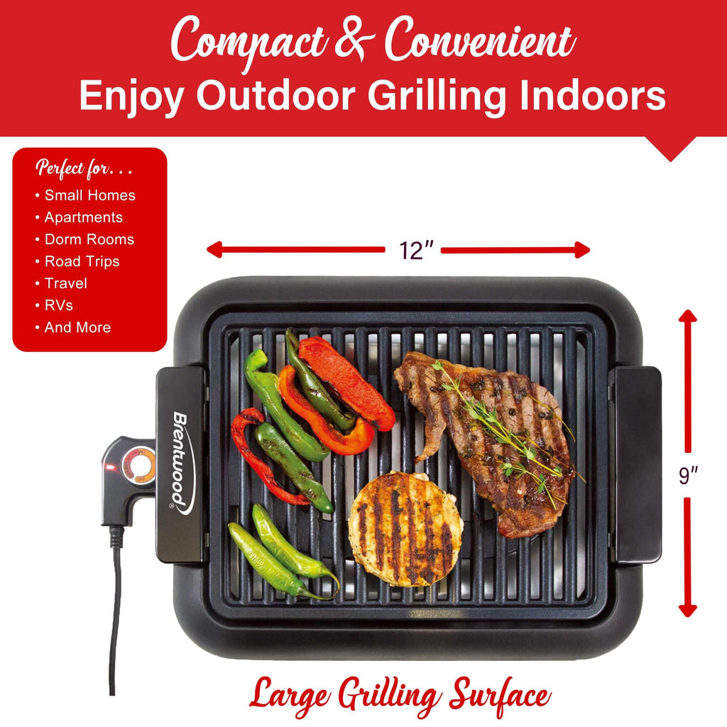 Brentwood TS-643BK 1200W Electric Smokeless Indoor Grill - Black, 12.6 x 10 Inch Ceramic Non-Stick, 200-425°F Adjustable