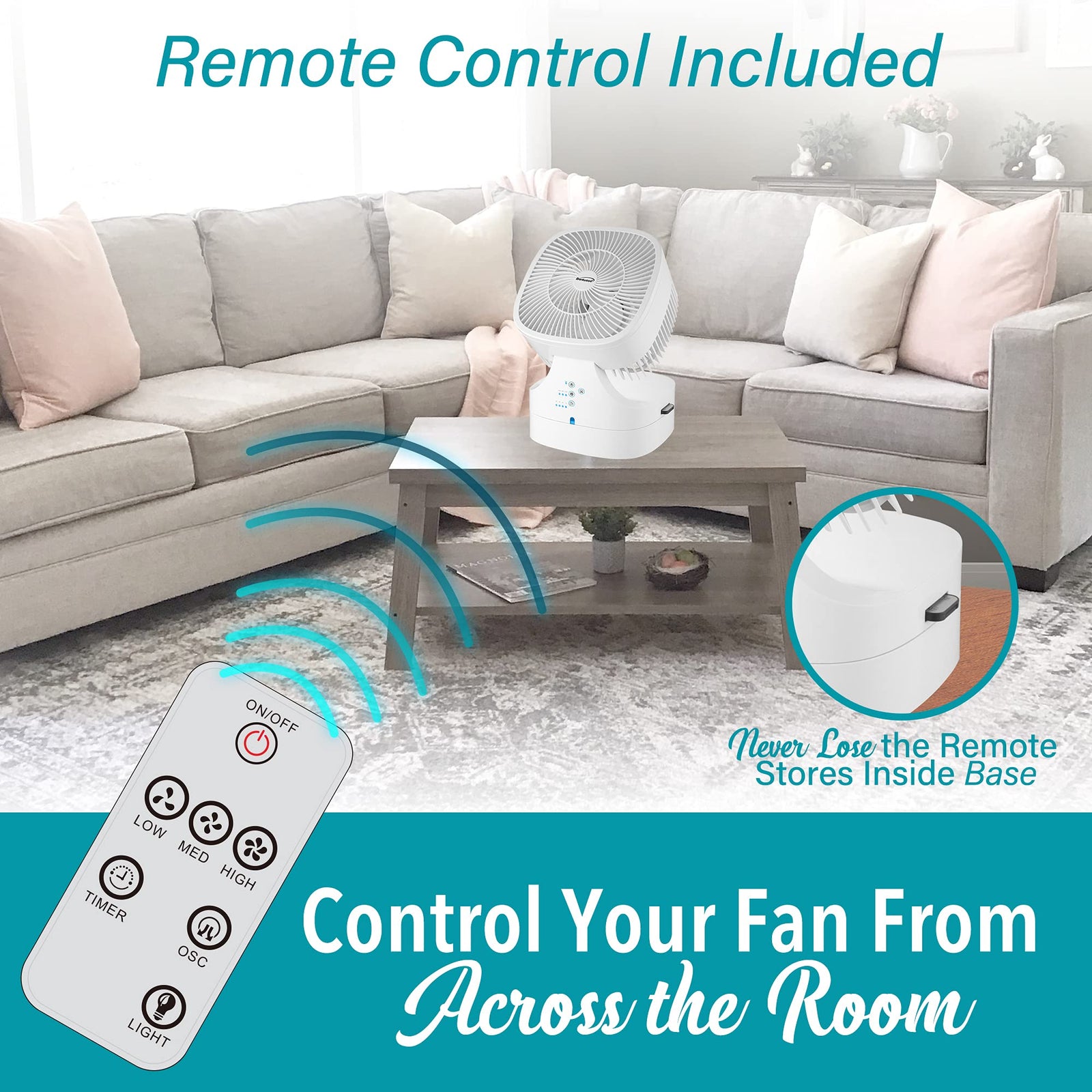 Brentwood F-900RW 8 Inch 3-Speed Remote Control Oscillating Air Circulator Desktop Fan with Timer, White