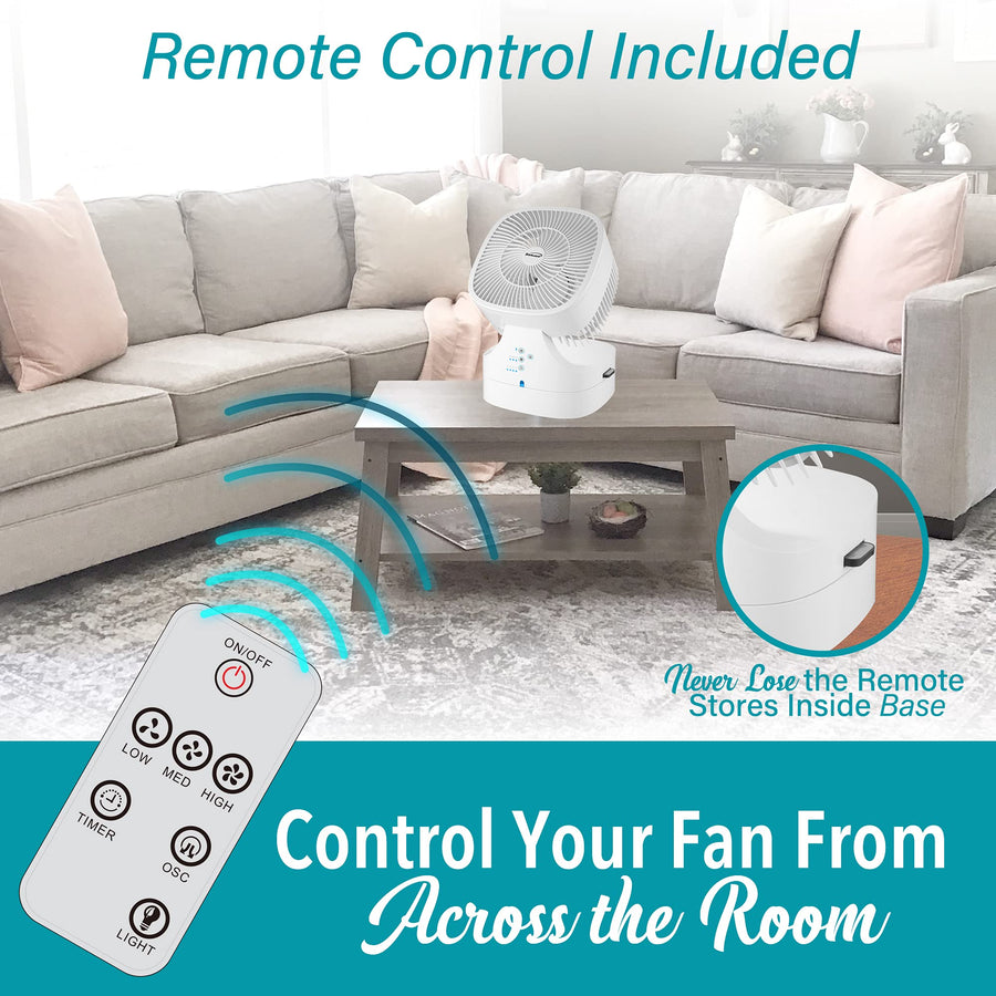 Brentwood F-900RW 8 Inch 3-Speed Remote Control Oscillating Air Circulator Desktop Fan with Timer, White