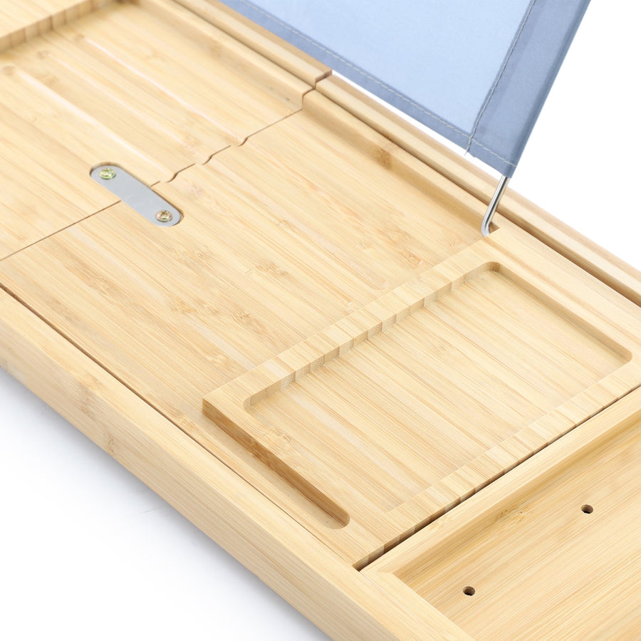 Elama Expandable Bamboo Bath Tray, Adjustable Bathtub Caddy with Book and Tablet Holder, Wine Glass Slot and Spa Accessory Compartments