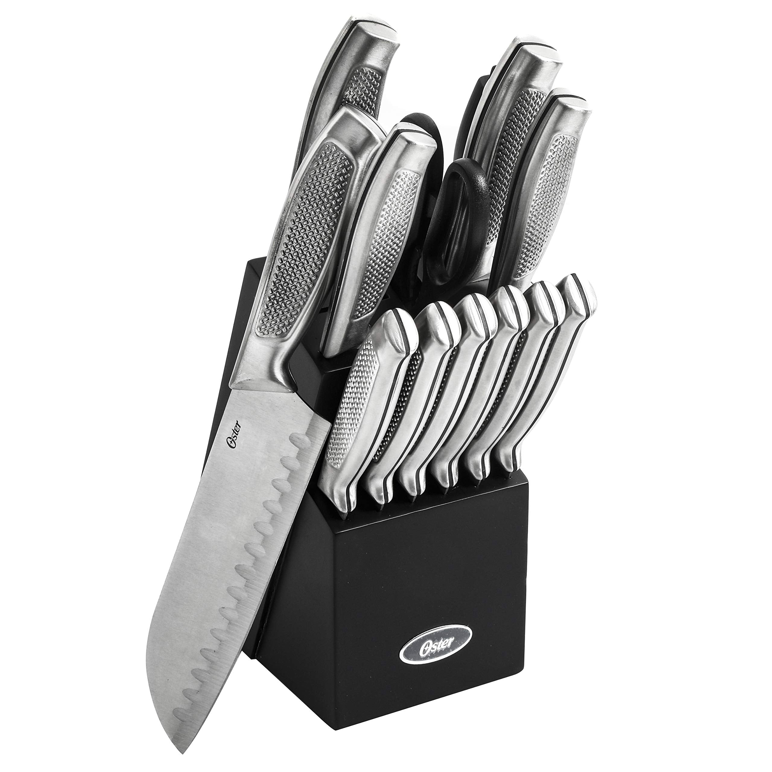 Oster Edgefield 14-Piece Stainless Steel Cutlery Set with Black Block – Chef, Santoku, Steak Knives & Shears