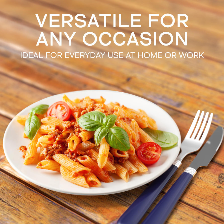 Cobalt blue handle fork and knife with a plate of pasta