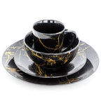 Elama Fine Marble 16 Piece Glossy Round Porcelain Dinnerware Set Black and Gold, Tableware Set, Serveware Set (Black)