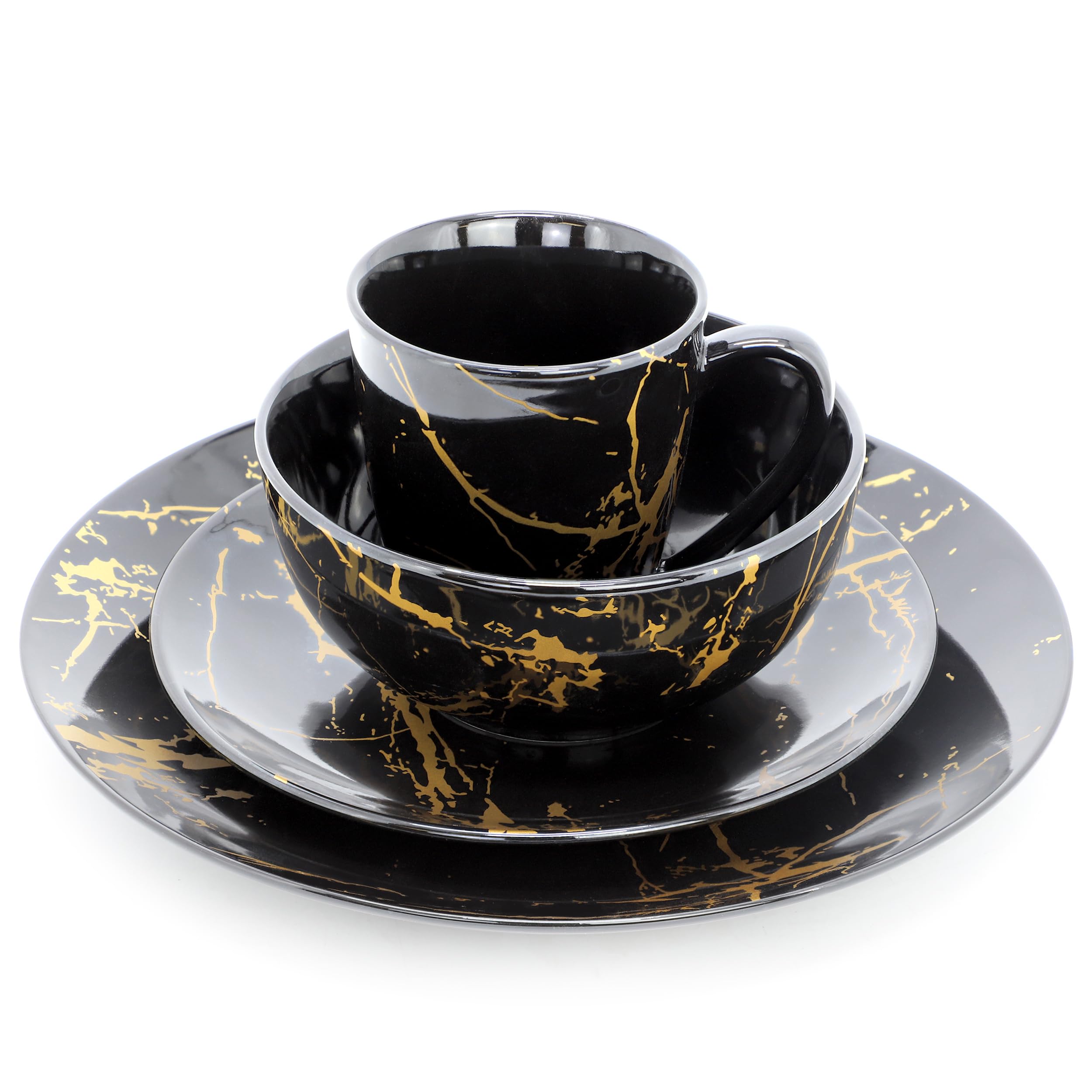 Elama Fine Marble 16 Piece Glossy Round Porcelain Dinnerware Set Black and Gold, Tableware Set, Serveware Set (Black)