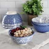 Porcelain Footed Bowl Set of 6, 20 Oz Soup and Cereal Bowls, Assorted Blue and White Designs, Elama Moxy