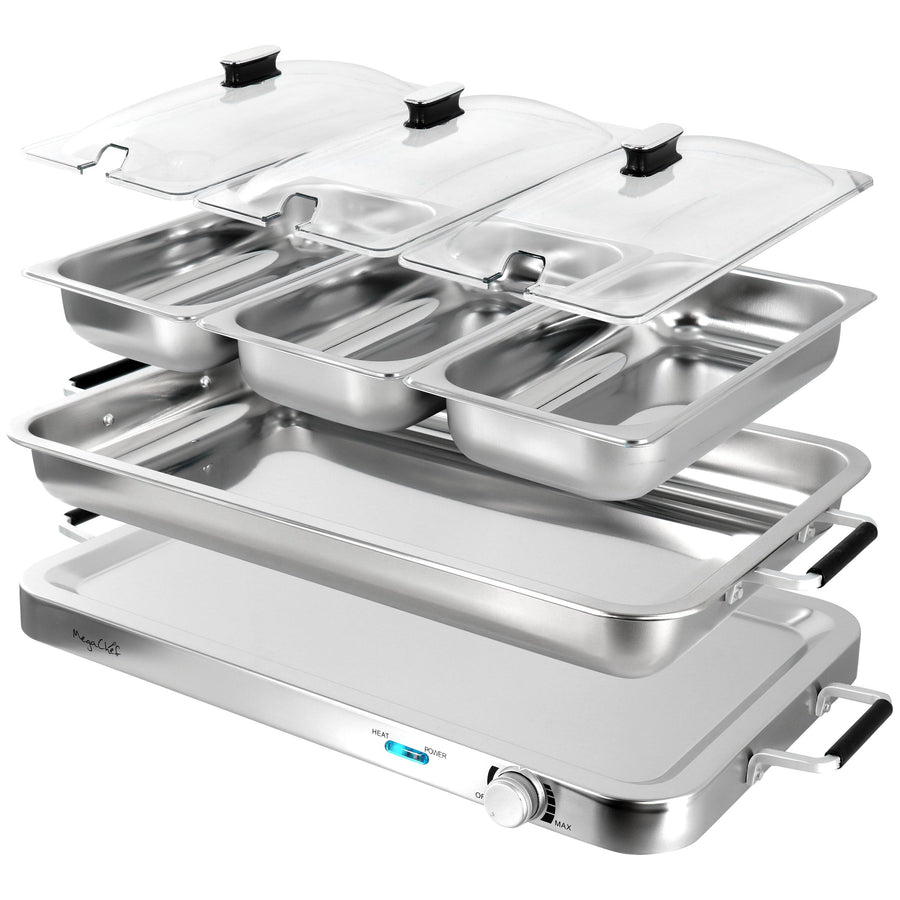 MegaChef 3-in-1 Electric Chafing Buffet Server & Warming Tray with Three 2.63-Quart Trays and 8.6-Quart Baking Pan