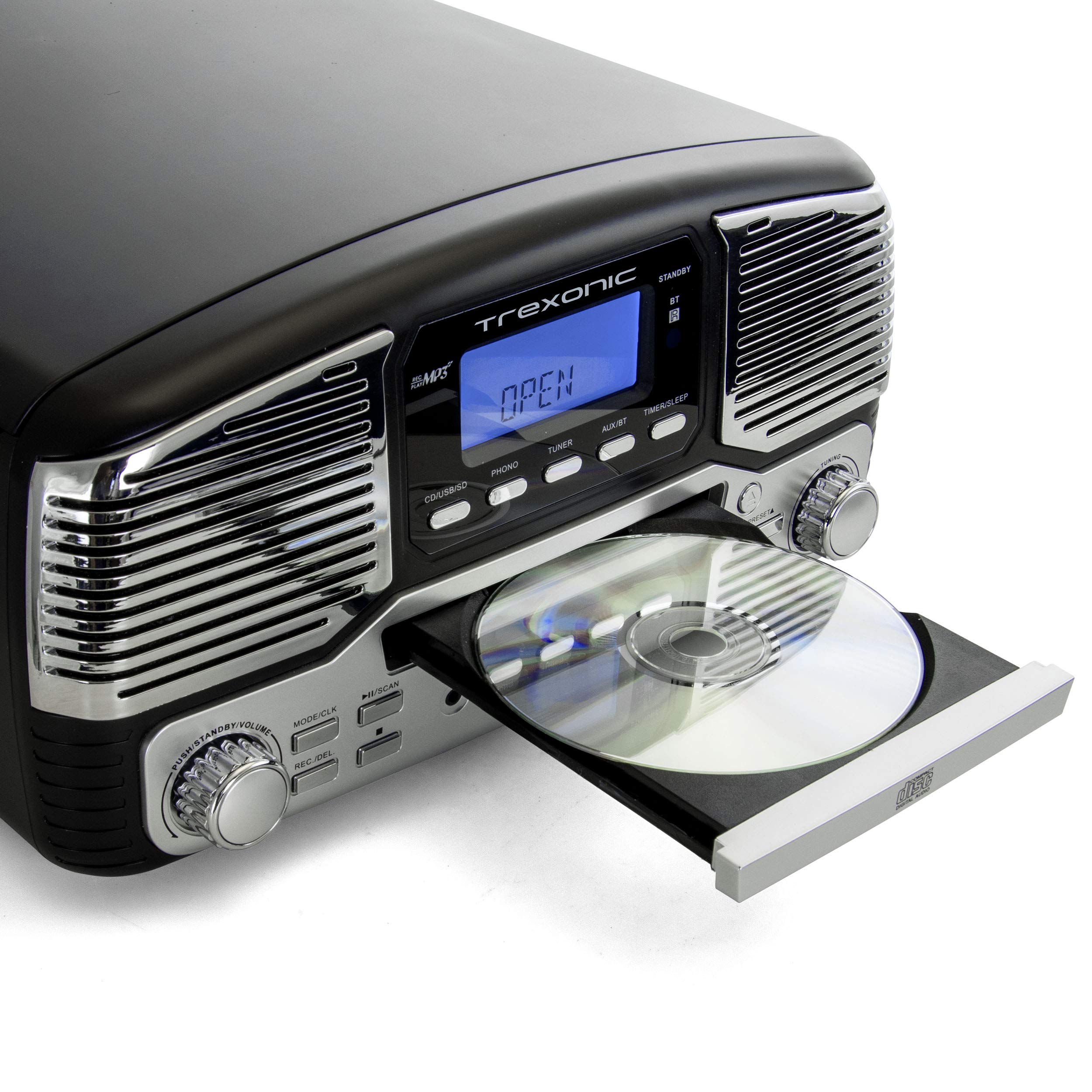 Trexonic TRX-16 Retro Bluetooth Turntable & CD Player – 3-Speed Vinyl, AM/FM Radio, USB Recording, Black