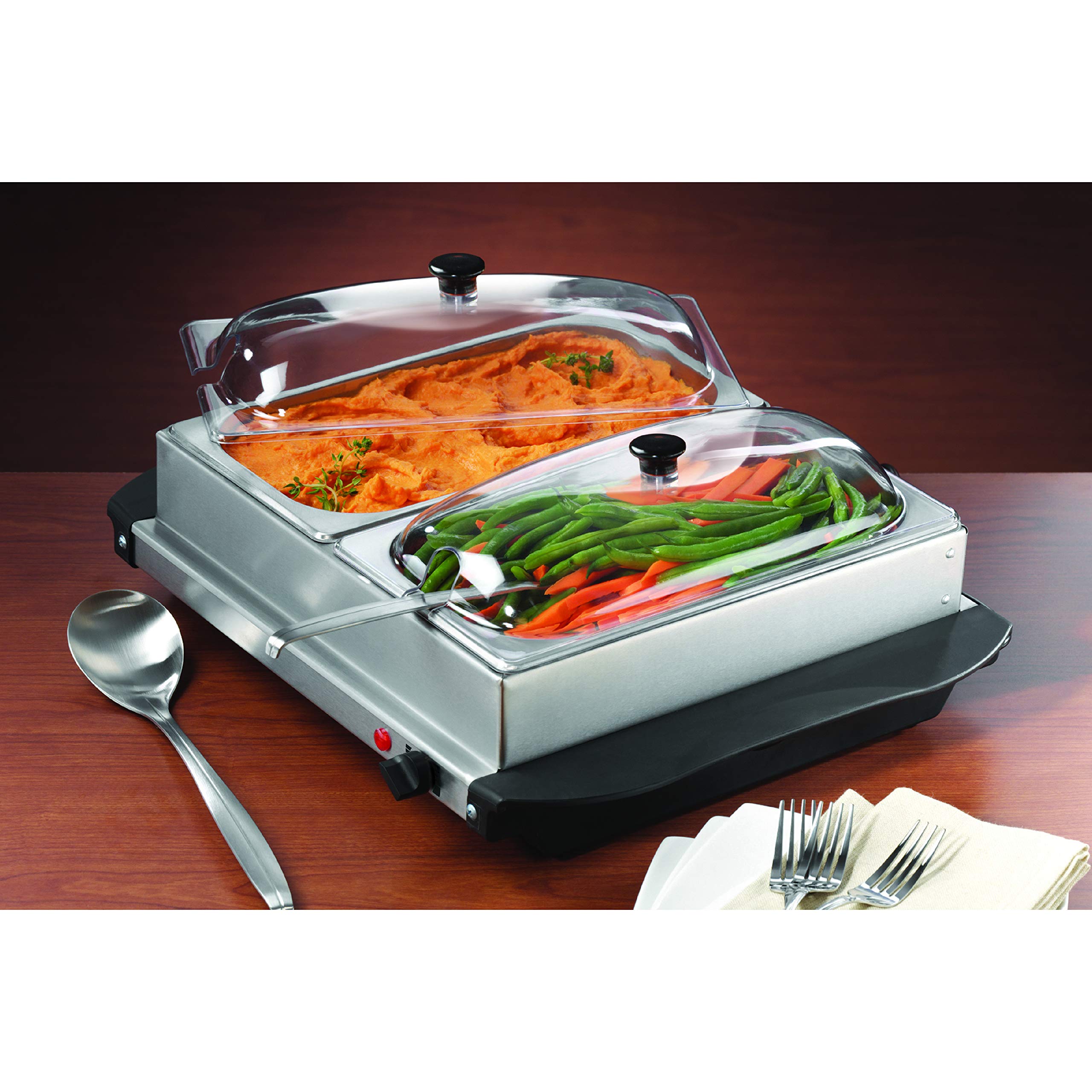 Brentwood BF-215 3-Quart 2-Pan Buffet Server & Warming Tray, Brushed Stainless Steel - Two 1.5 Qt Pans with Lids