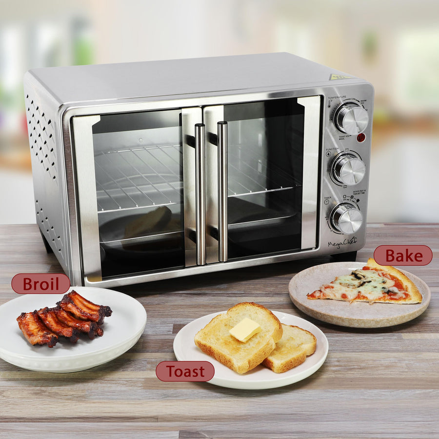 MegaChef 26.4 Quart French Door Stainless Steel Toaster Oven with Bake, Broil & Toast, Temperature & Timer Control