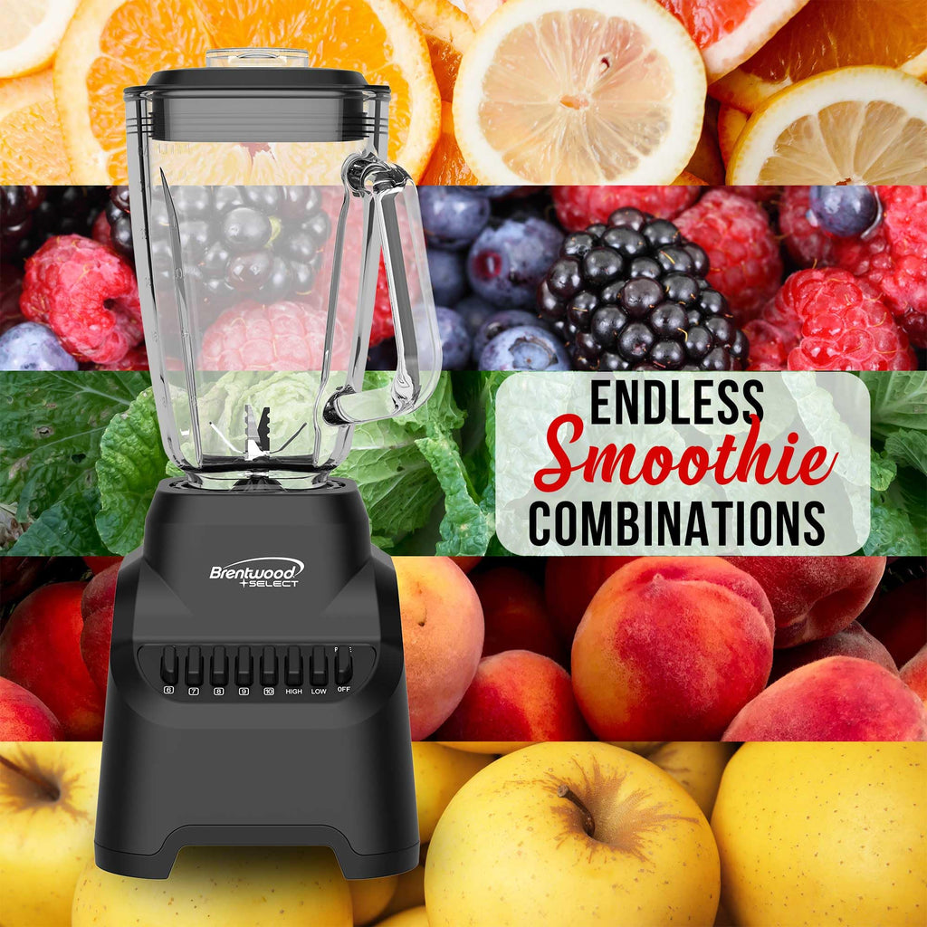 Brentwood Select JBS-500BK 500W 10-Speed Countertop Blender with 42oz Glass Jar, Black - Pulse Button, Dishwasher-Safe Parts