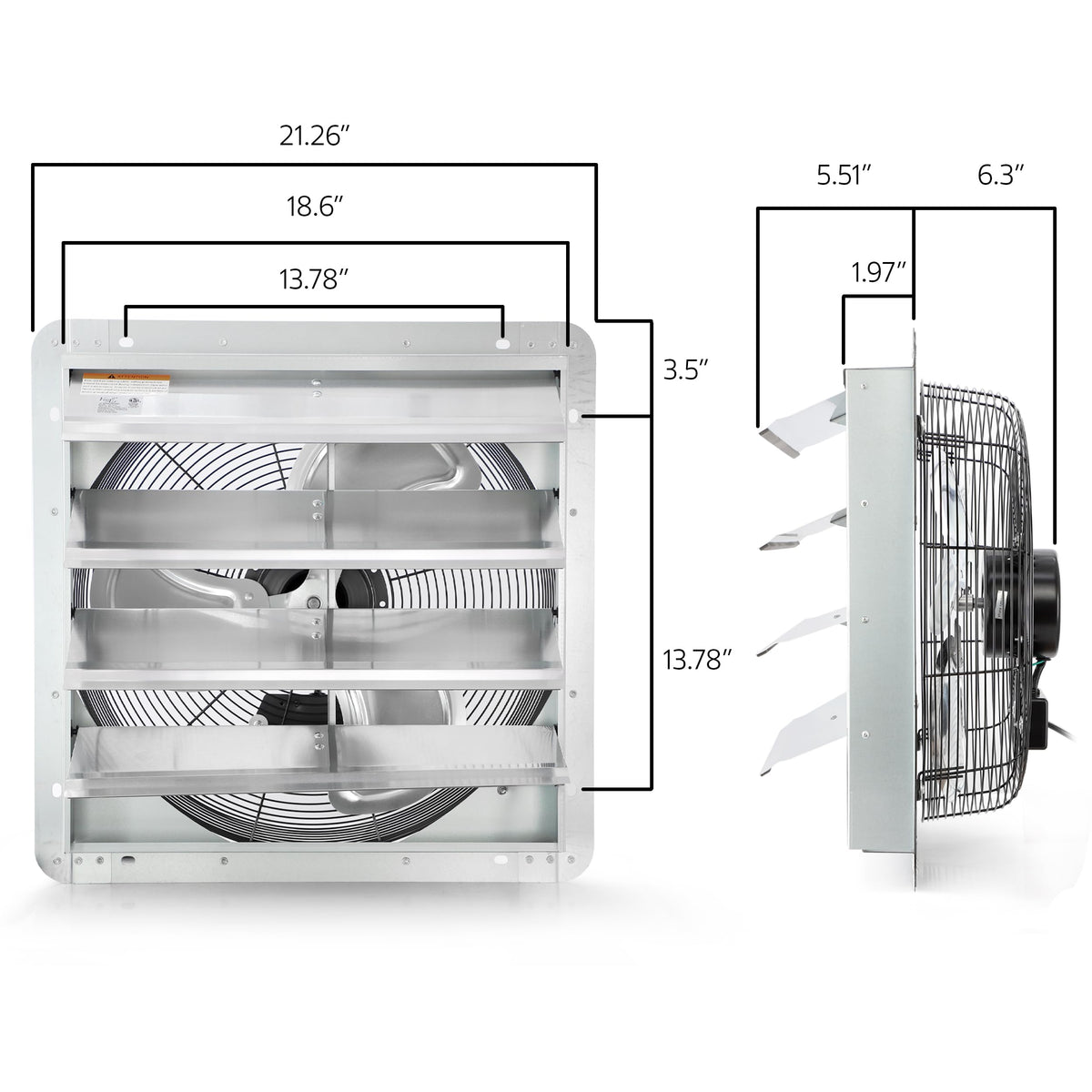 Vie Air 18 Inch Aluminum Shutter Exhaust Fan with Power Cord, 2,450 CFM Wall-Mount Ventilation, Silver