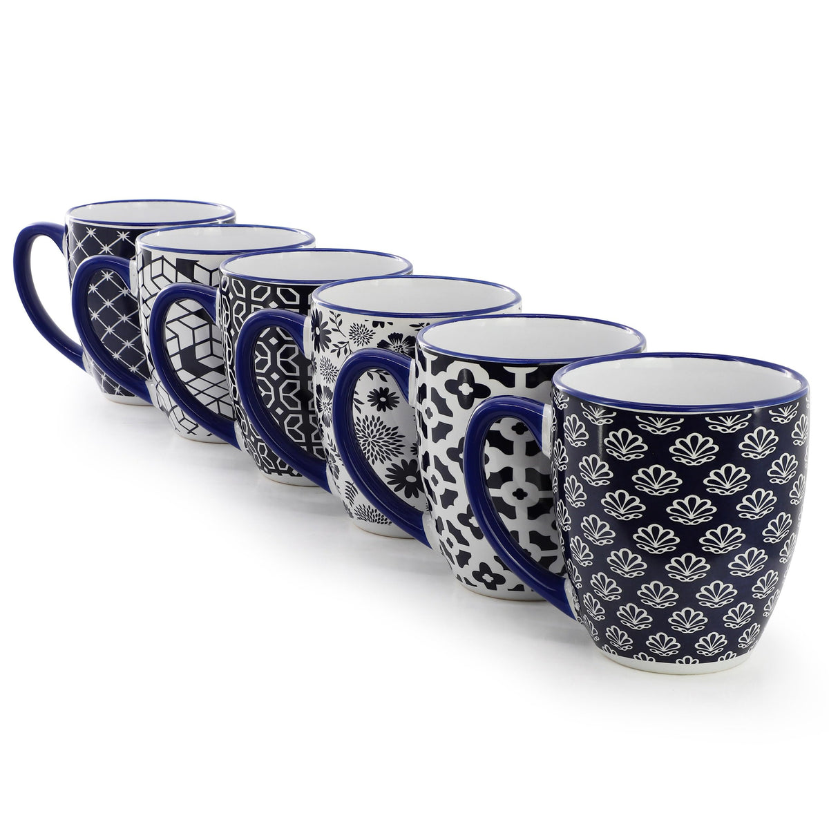 Stoneware Coffee Mug Set of 6, 16 Oz, Assorted Navy Blue and White Designs, by Elama Flyn