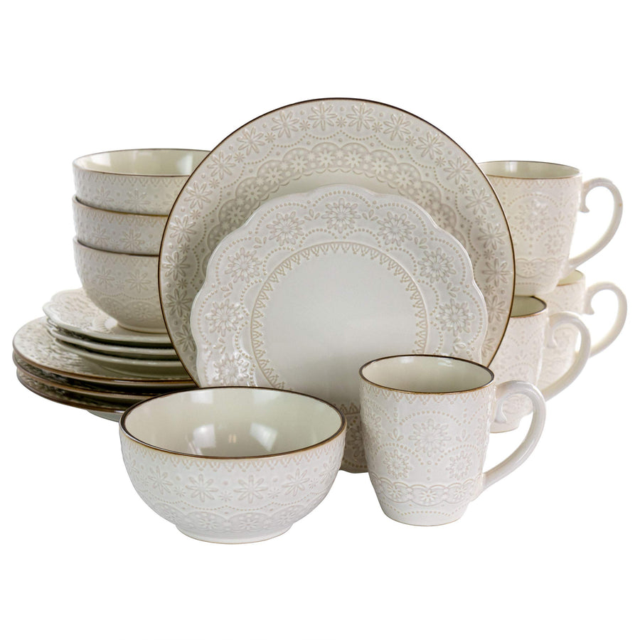 Elama Contessa 16-piece ivory stoneware dinnerware set for 4 with embossed lace pattern and scalloped salad plates