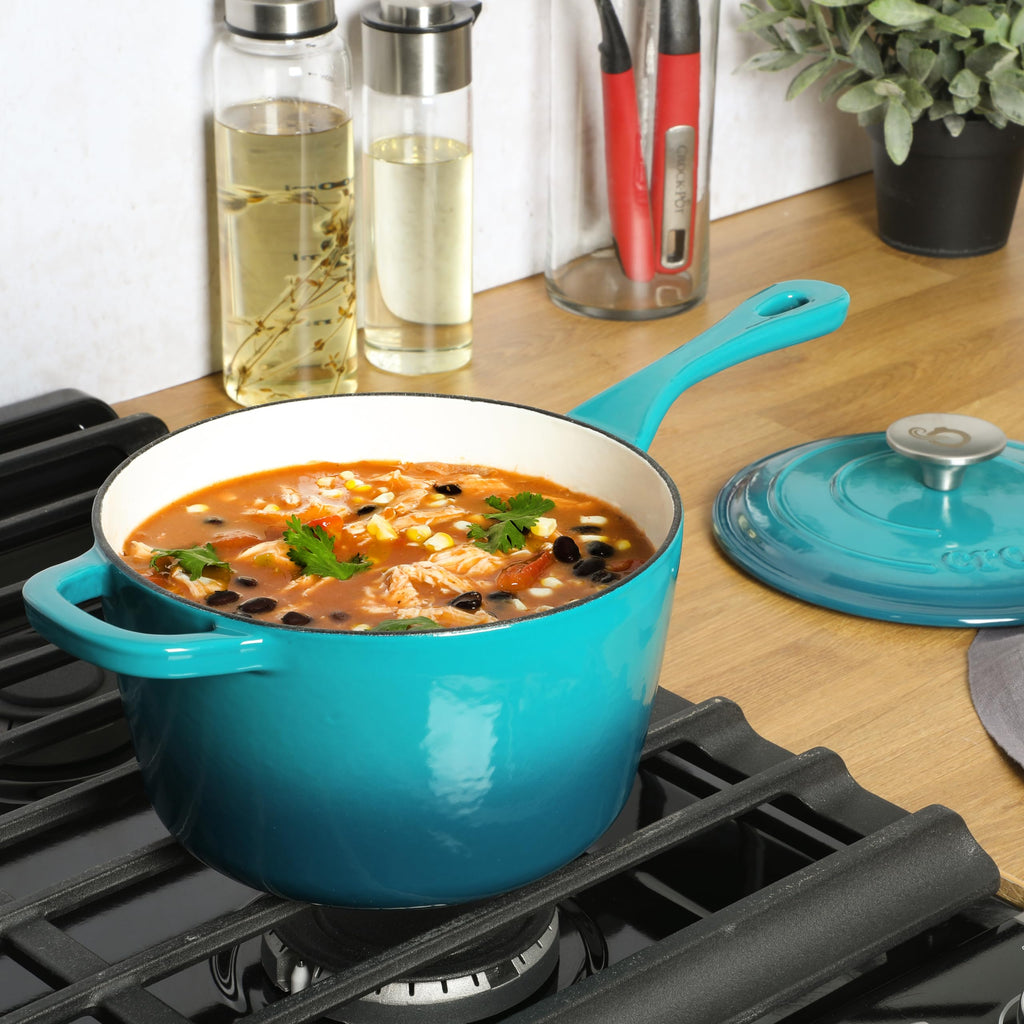 Crock-Pot Artisan 3-Quart Enameled Cast Iron Saucepan with Lid — Teal Ombre, Oven-Safe Heirloom Cookware for Sauces, Soups, Risotto & Braising