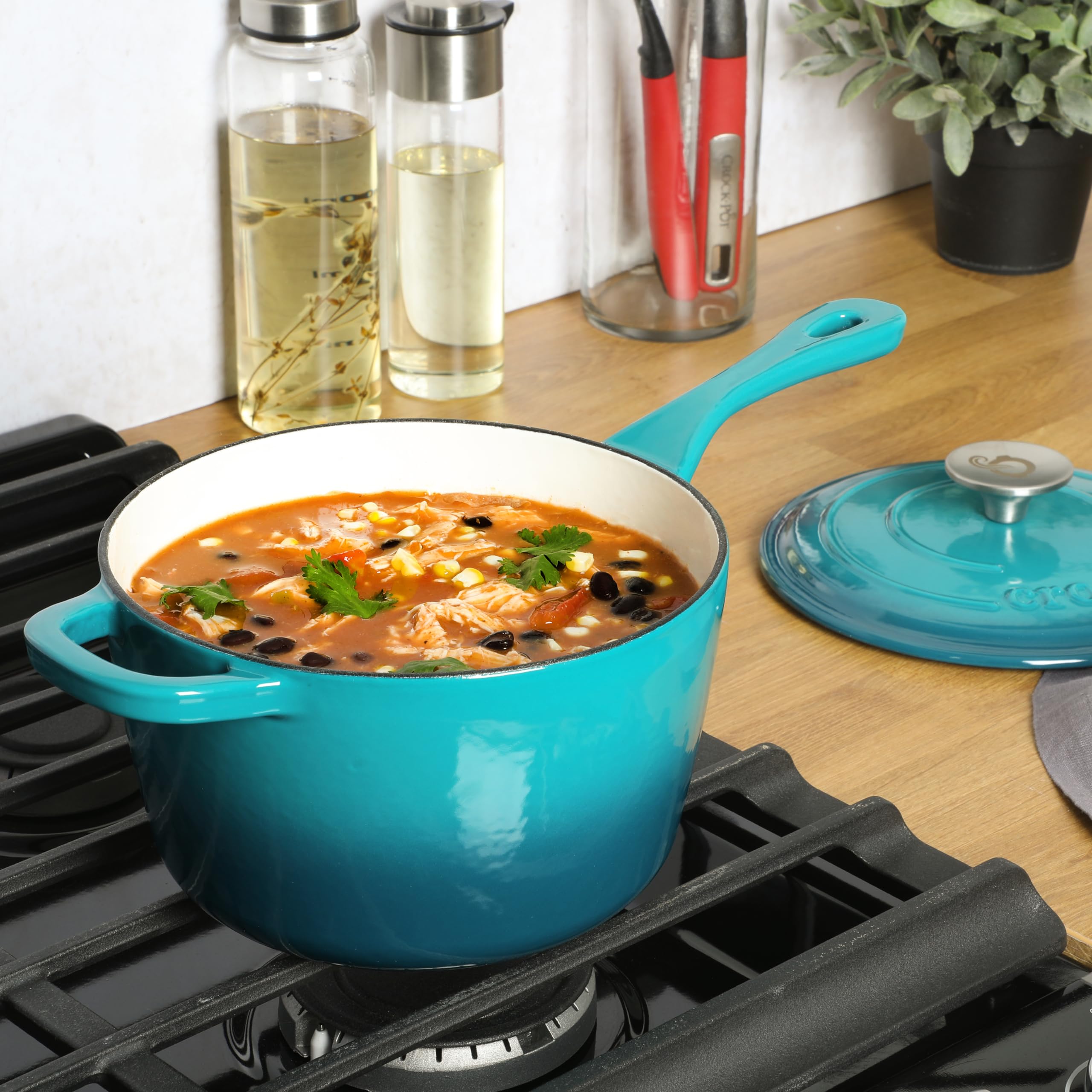 Crock-Pot Artisan 3-Quart Enameled Cast Iron Saucepan with Lid — Teal Ombre, Oven-Safe Heirloom Cookware for Sauces, Soups, Risotto & Braising