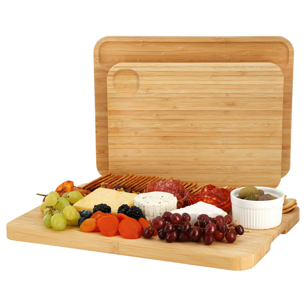 Elama 3-Piece Bamboo Wood Cutting Board Set – 13", 15" & 17" with Compartments for Prep & Serving