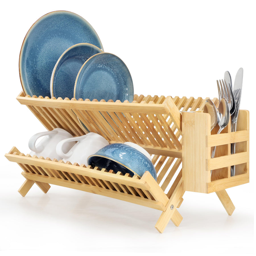 Elama 2-Tier Collapsible Bamboo Dish Drying Rack, Folding Countertop Drainer