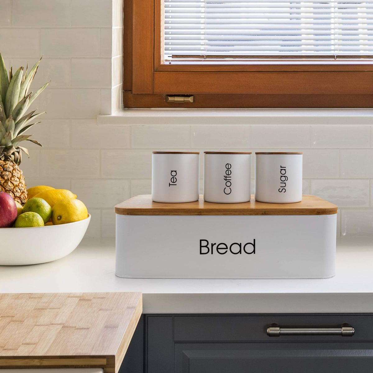Kitchen Canister Set with Bread Box, 4-Piece with Bamboo Lids, Matte White, by MegaChef