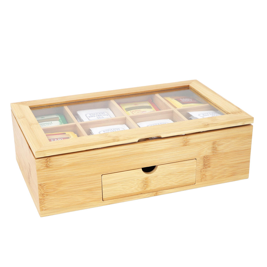 Elama Bamboo Tea Box Organizer with Acrylic Window & Drawer, 8 Compartments, 13 x 8 in.