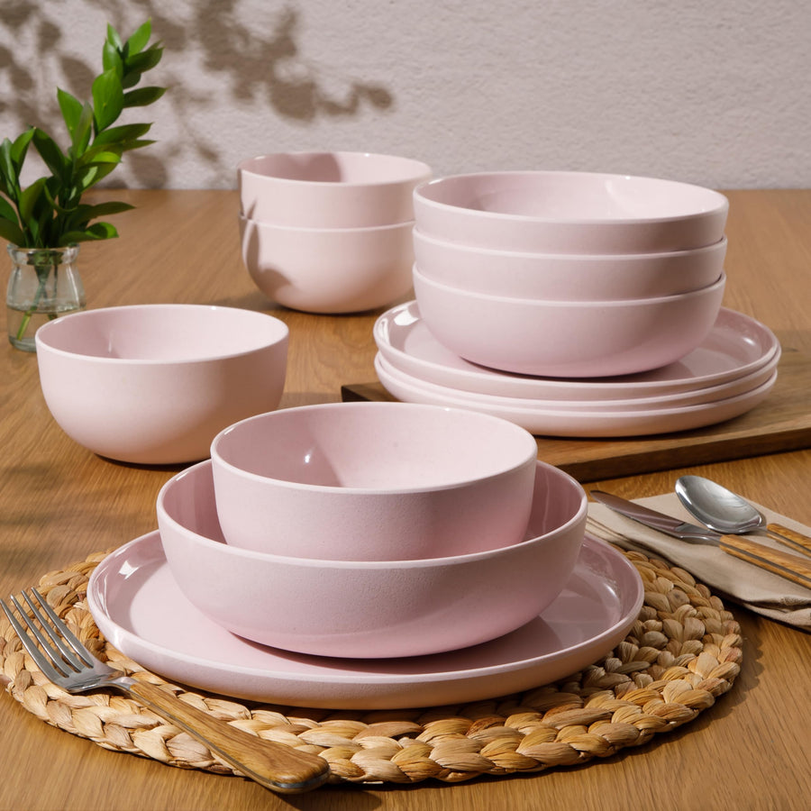 Gibson Home Candy Skies 12-Piece Unbreakable Wheat Straw Melamine Dinnerware Set, Pink (Service for 4)
