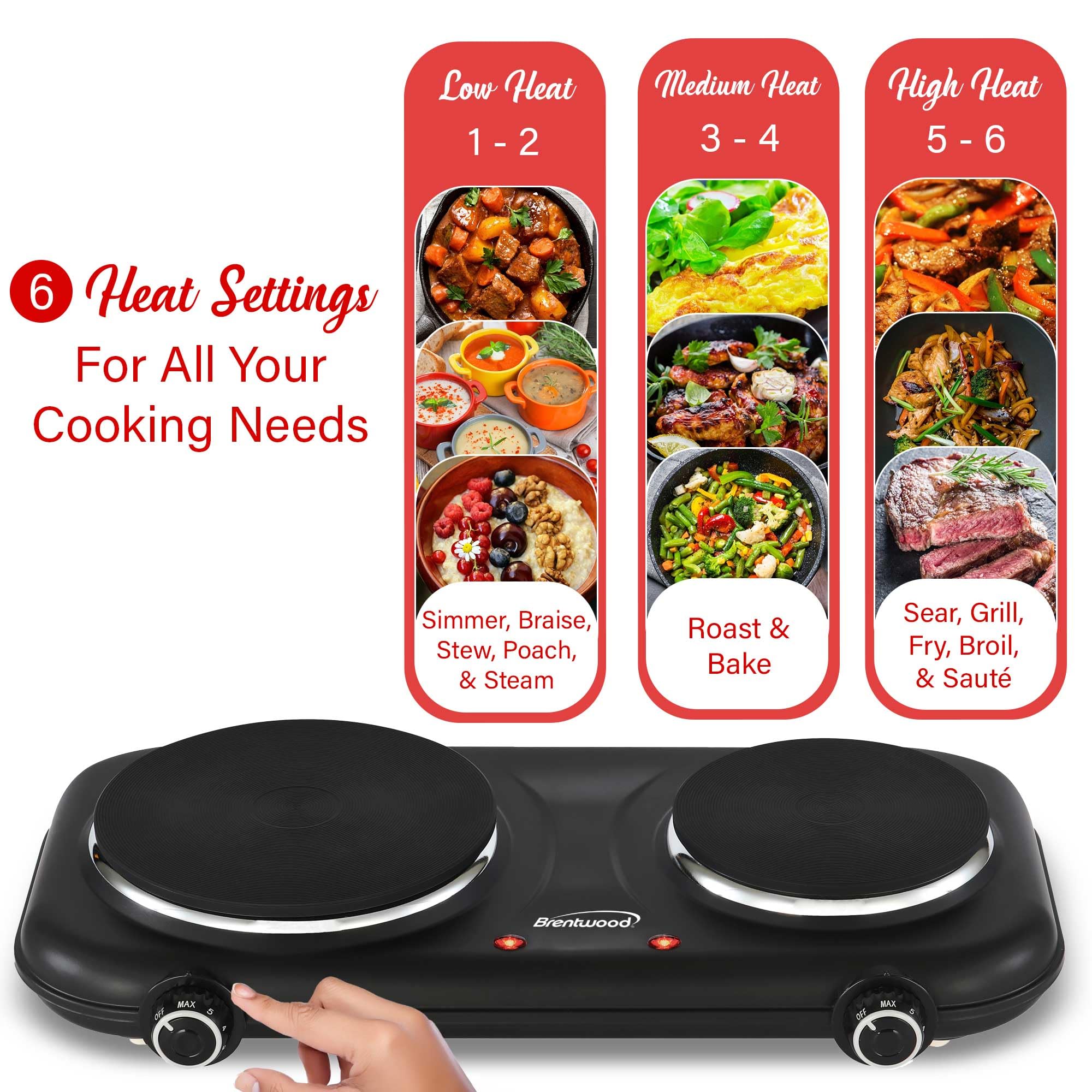 Brentwood TS-332BK 1100W Double Cast Iron Burner Electric Hot Plate with Temperature Control - Black