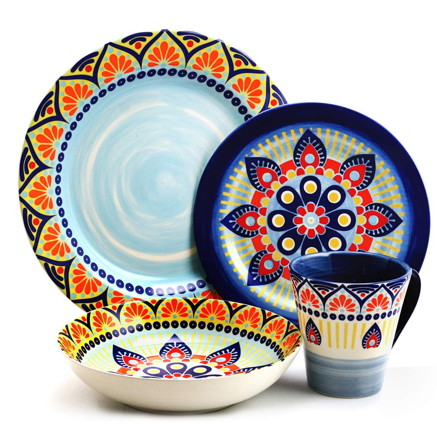 Elama Zen Blue Mozaik 16-piece blue mandala stoneware dinnerware set, service for four