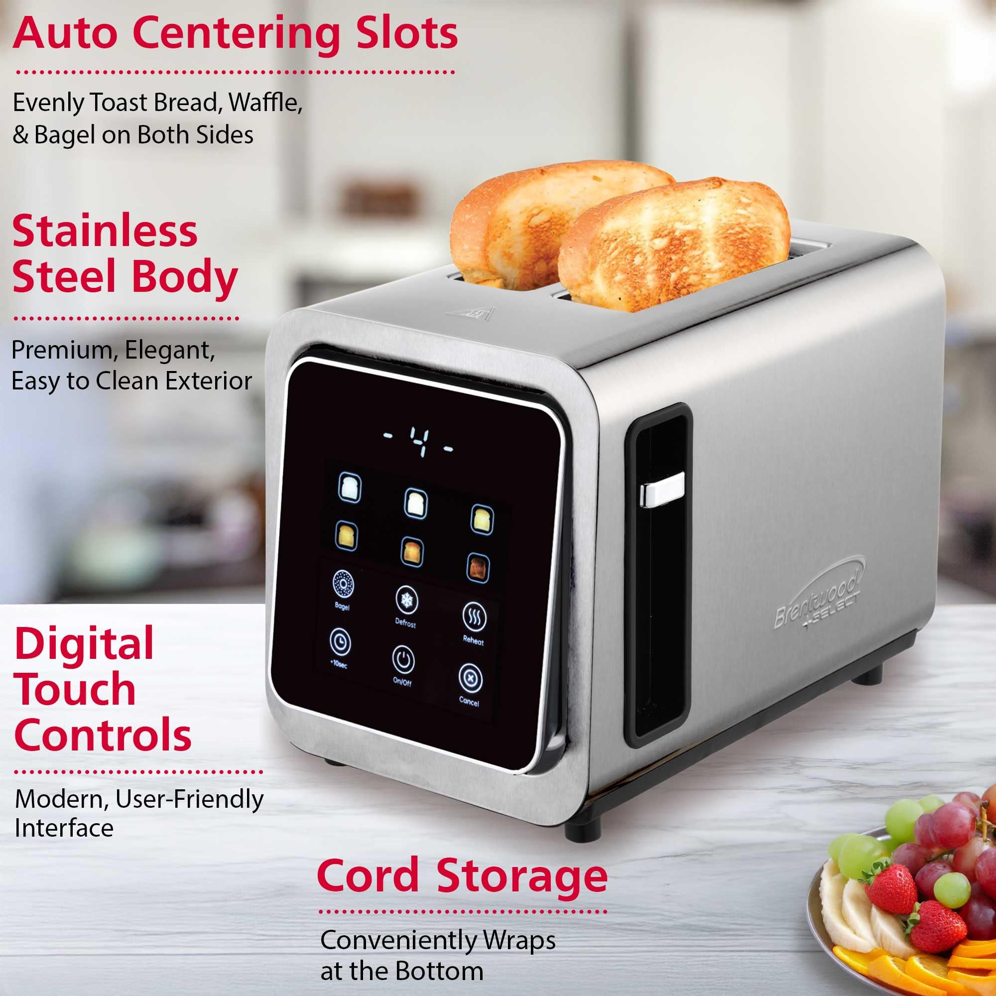 Brentwood TS-228DS 1100W Touch Screen 2-Slice Digital Toaster with Extra Wide Slots - Stainless Steel