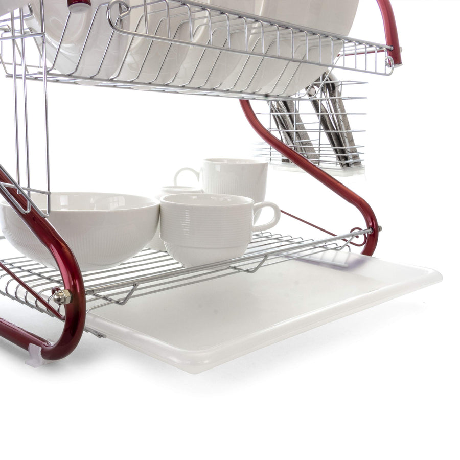 Close-up of the MegaChef dish rack lower shelf with bowls and cups sitting over the white plastic drain tray
