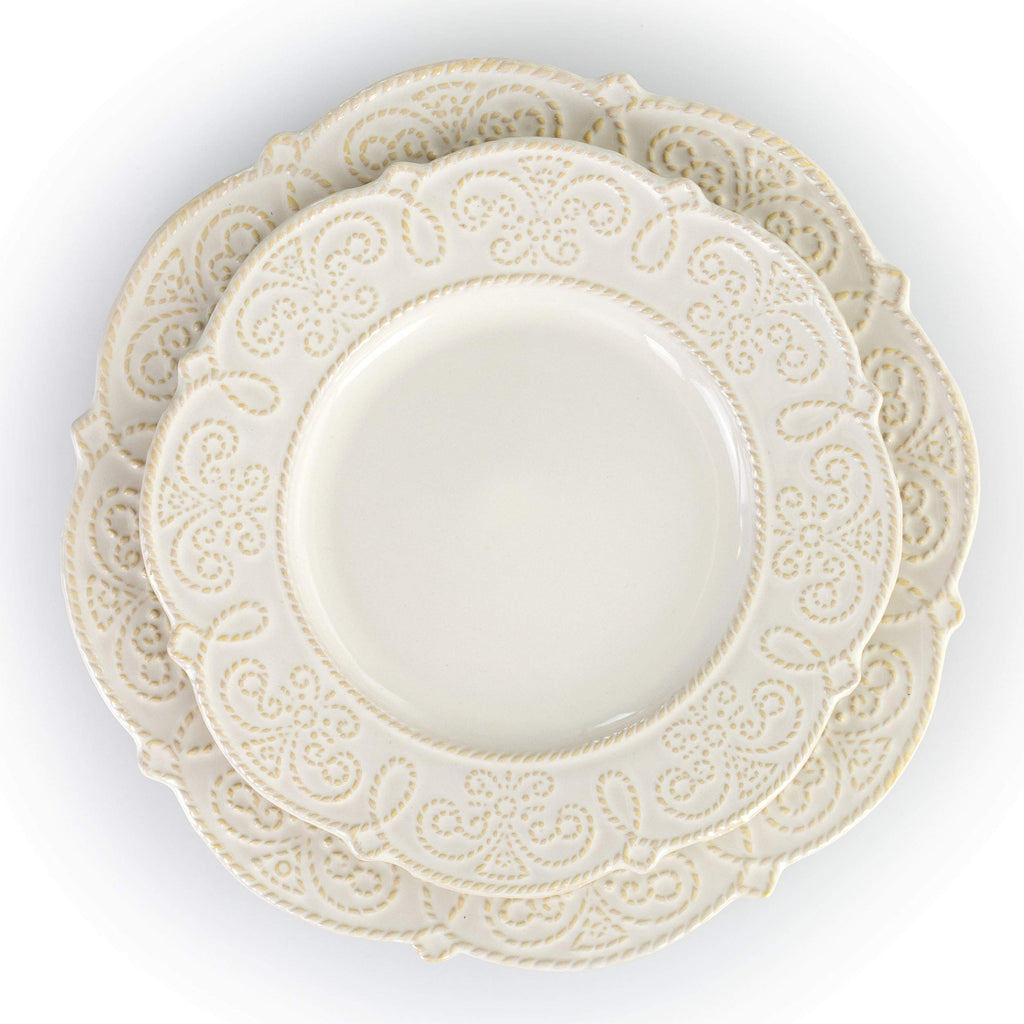 Elama Luna 16-Piece Embossed Scalloped Stoneware Dinnerware Set – White Service for 4