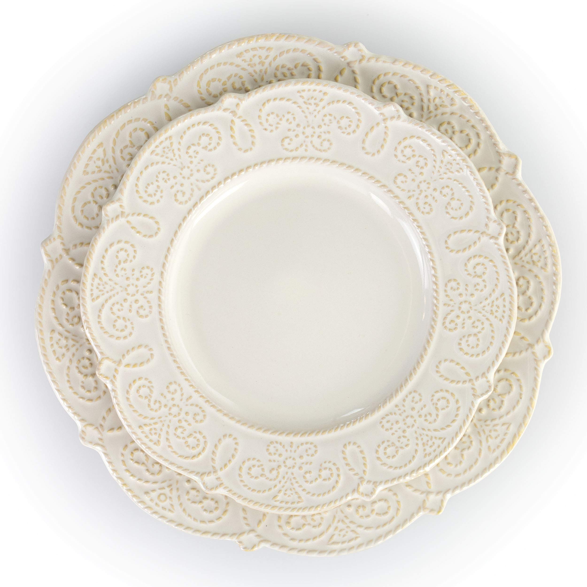 Elama Luna 16-Piece Embossed Scalloped Stoneware Dinnerware Set – White Service for 4