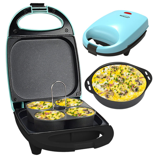 Brentwood blue mini sous vide style egg bite maker with locking lid and carry handle for making egg bites at home