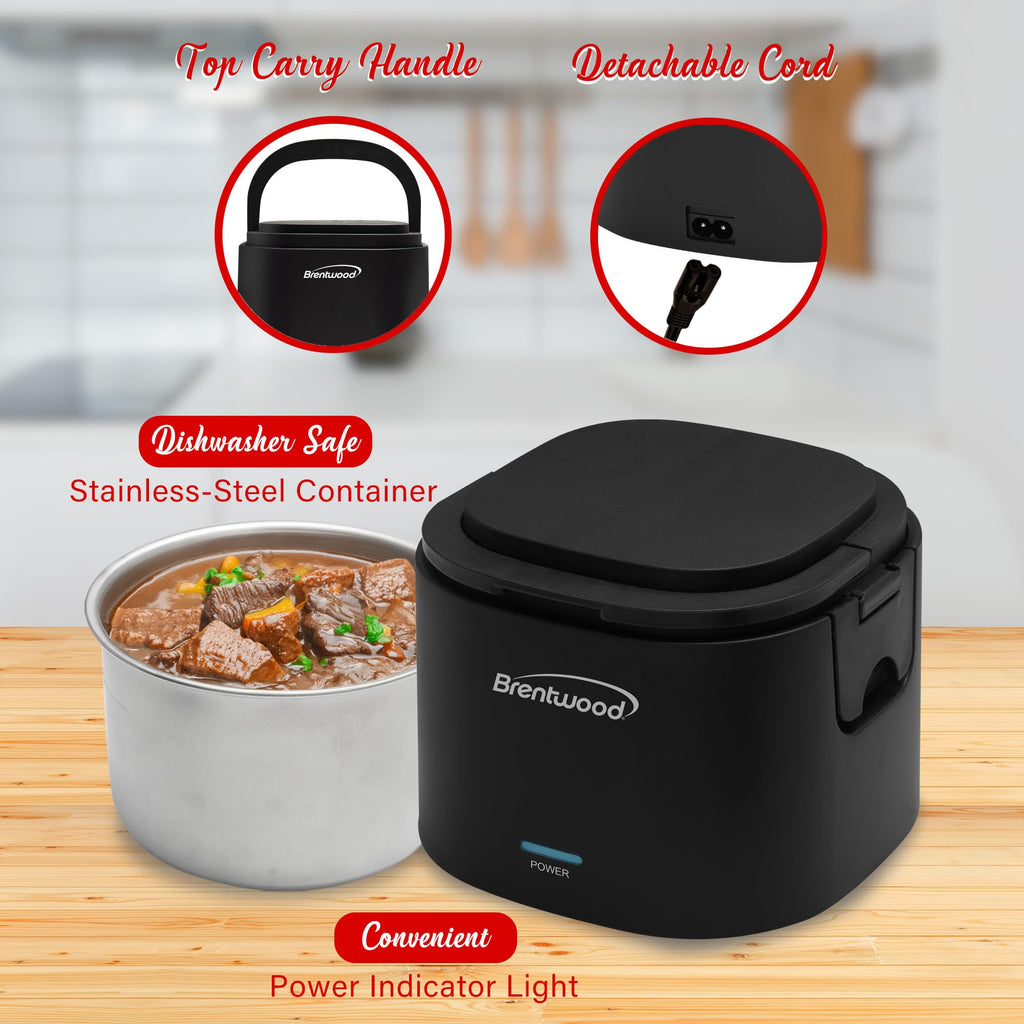 Brentwood ELB-600BK 0.6L Portable Leakproof Electric Lunch Box with Stainless Steel Container - Black