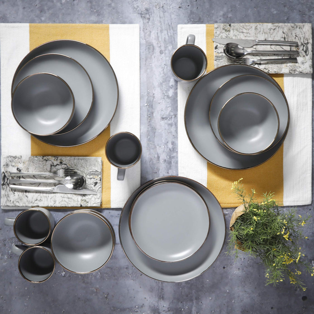Gibson Home Rockaway 16-Piece Round Stoneware Dinnerware Set — Service for 4 in Grey with Gold Rim, Microwave & Dishwasher Safe Plates and Bowls