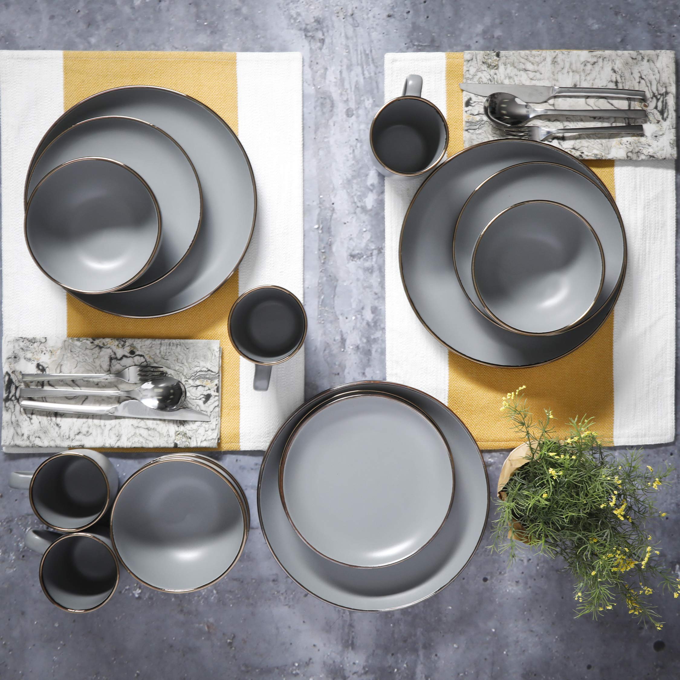 Gibson Home Rockaway 16-Piece Round Stoneware Dinnerware Set — Service for 4 in Grey with Gold Rim, Microwave & Dishwasher Safe Plates and Bowls