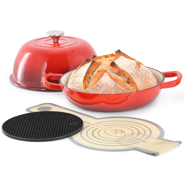 MegaChef 6 Quart Enameled Cast Iron Bread Pot with Baking Mat, Red