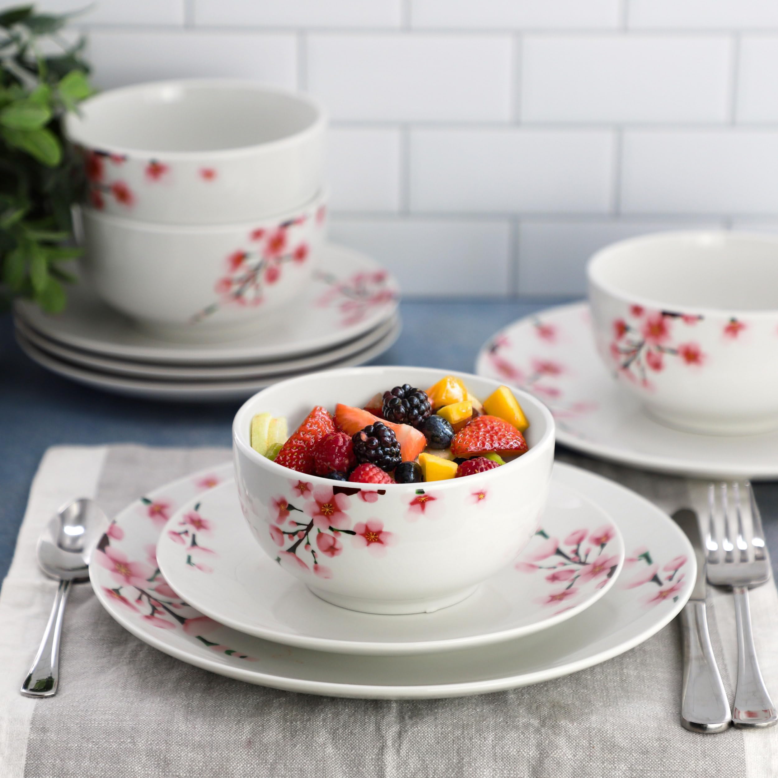 Elama Tamara 12 Piece Cherry Blossom Porcelain Dinnerware Set, Service for 4 in White and Pink