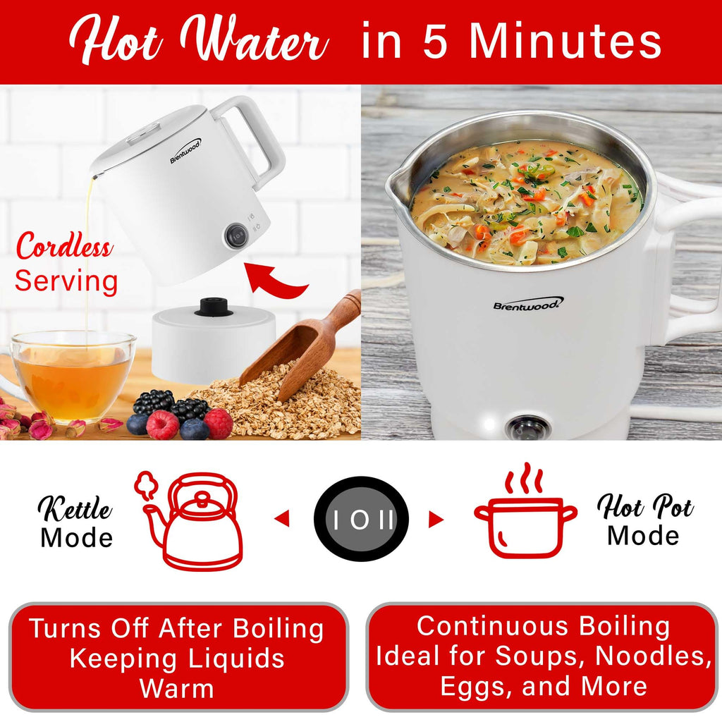 Brentwood KT-1504W Collapsible Stainless Steel Cordless Electric Travel Kettle & Hot Pot - White, 650W, 27oz