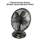 Optimus F-6212A 12-Inch 3-Speed Retro Oscillating Table Fan, Oil-Rubbed Bronze