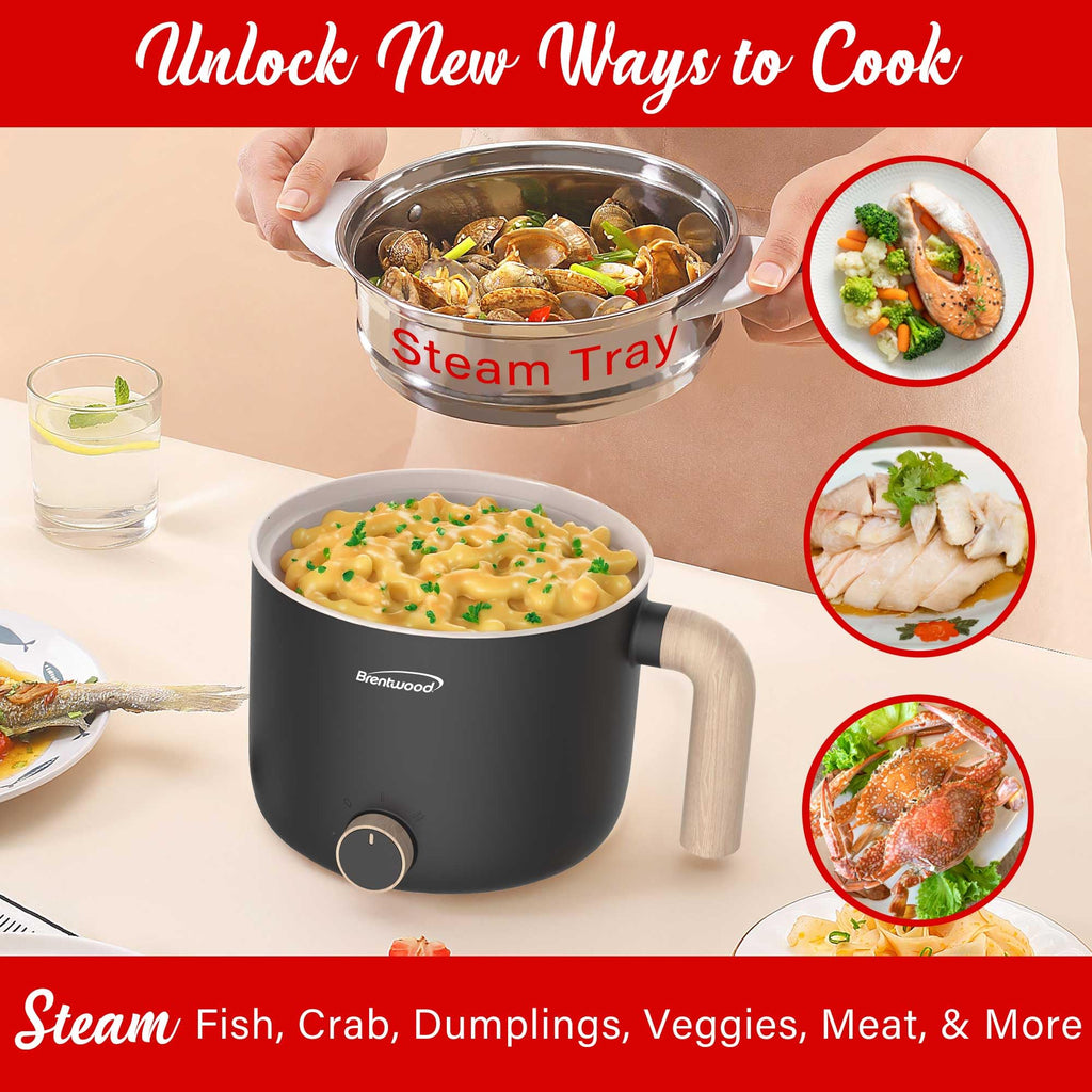 Brentwood HPS-3172BK 1.5 L Multi-Function Electric Hot Pot Cooker with Steamer, Black