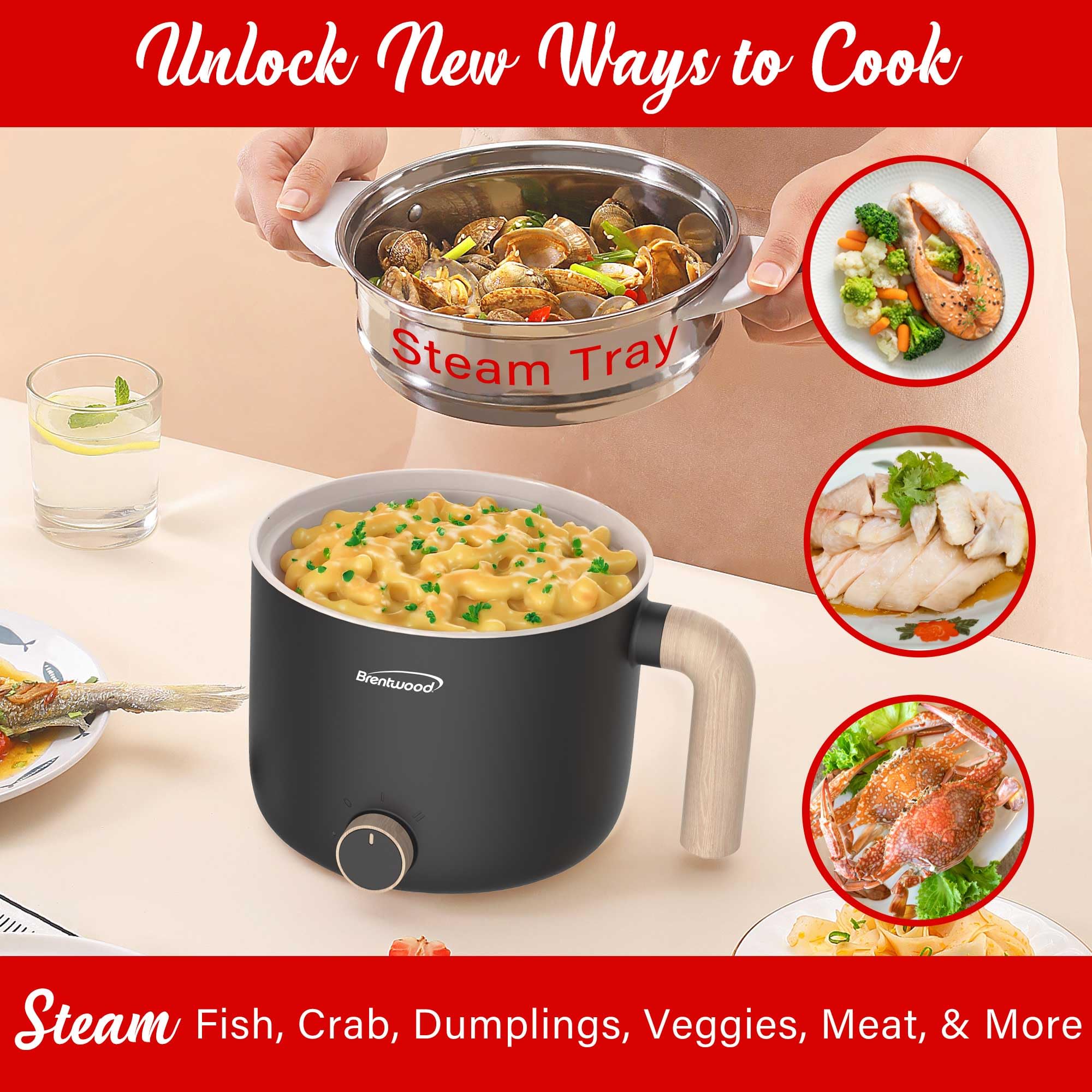 Brentwood HPS-3172BK 1.5 L Multi-Function Electric Hot Pot Cooker with Steamer, Black