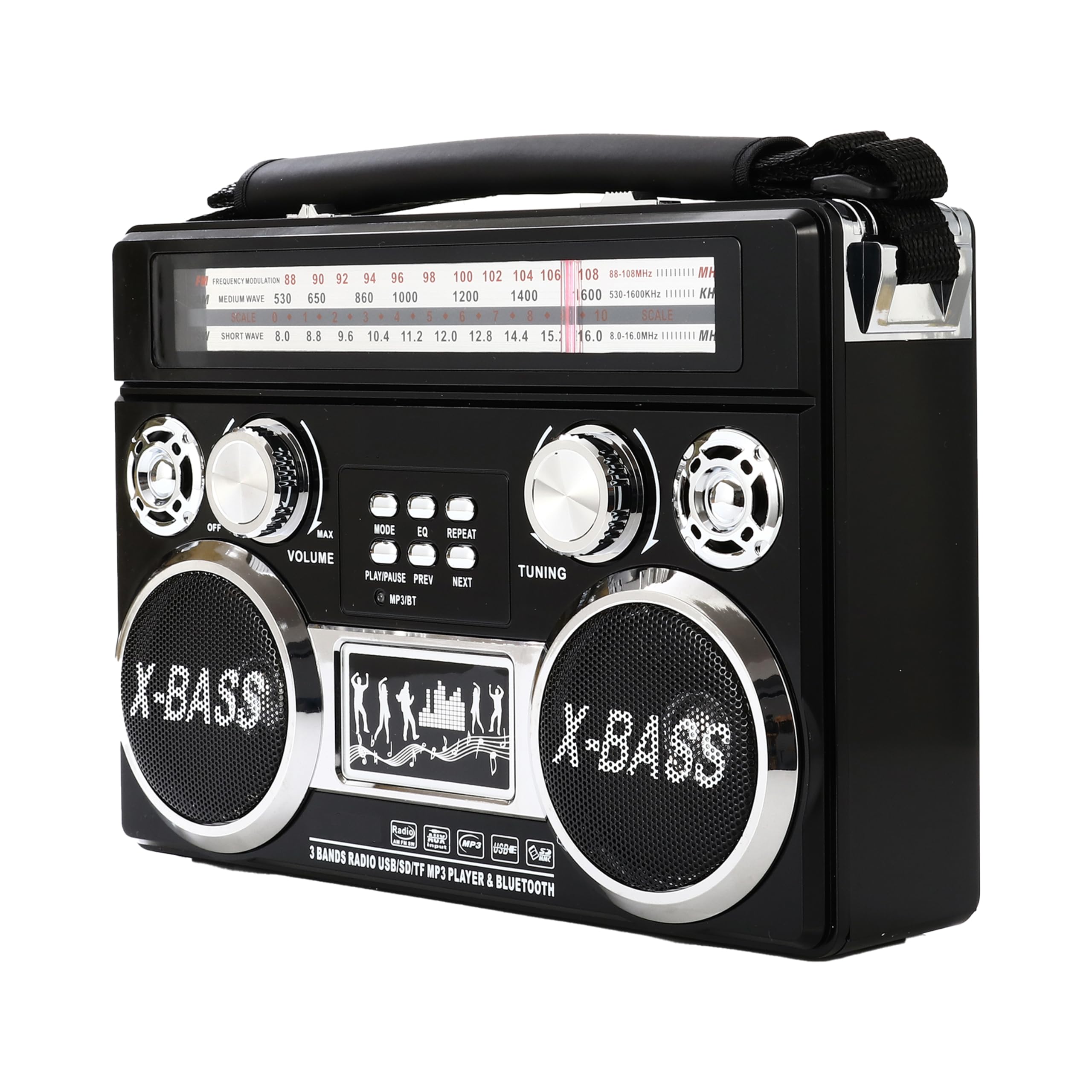 Supersonic SC-1097BT Retro 3-Band Bluetooth Radio with Flashlight, Rechargeable, Black