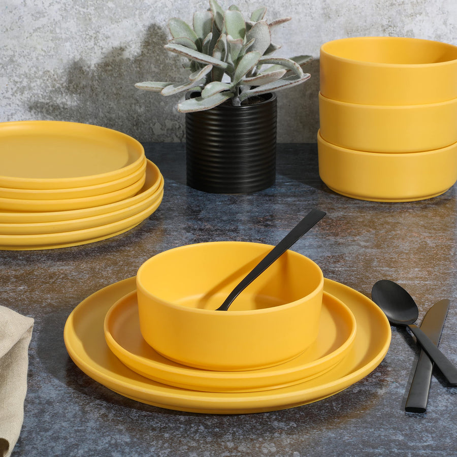 Gibson Home Canyon Crest 12-Piece Stackable Matte Melamine Dinnerware Set, Yellow Gold (Service for 4)