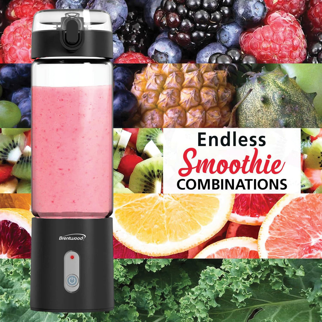 Brentwood RJB-100BK 17 oz Portable USB Rechargeable Glass Blender - Black, 16,000 RPM with BPA-Free Glass Jar