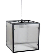 Square black iron hanging pendant light with ribbed acrylic panels on a 12 in frame
